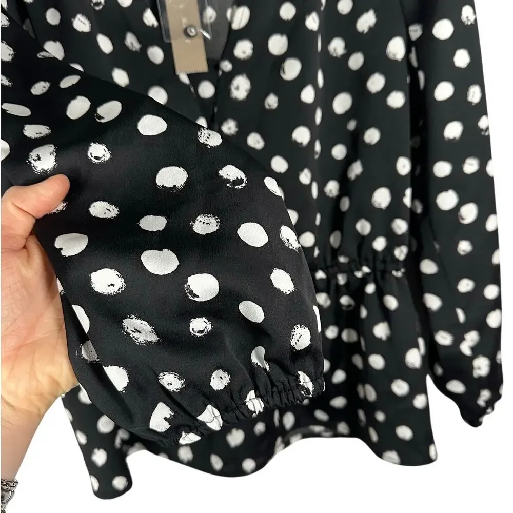 NWT J. Crew Black & White Polka Dot Satin Peplum Blouse Women's 4